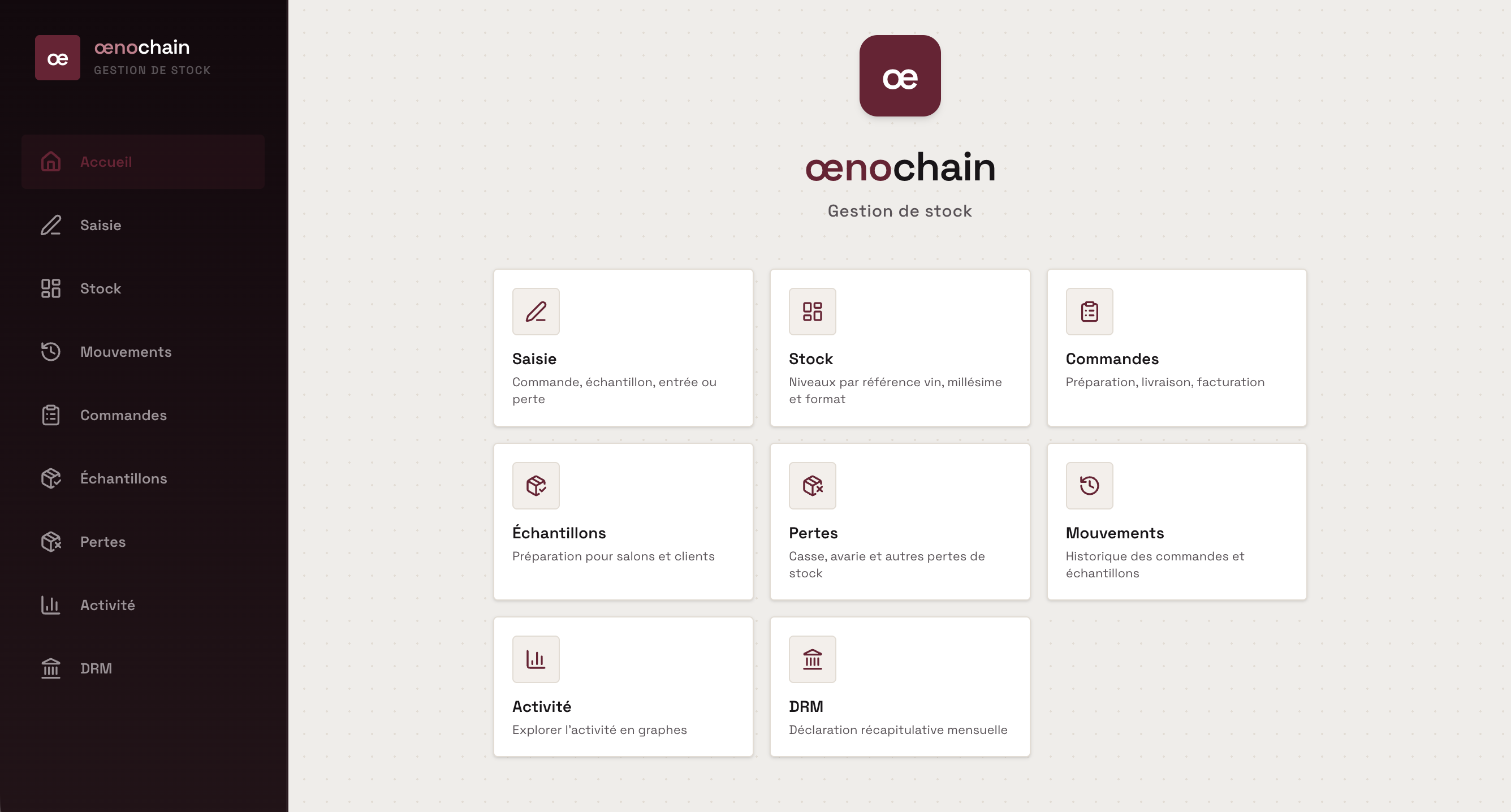 Interface de gestion de stock développée sur mesure par Oenochain